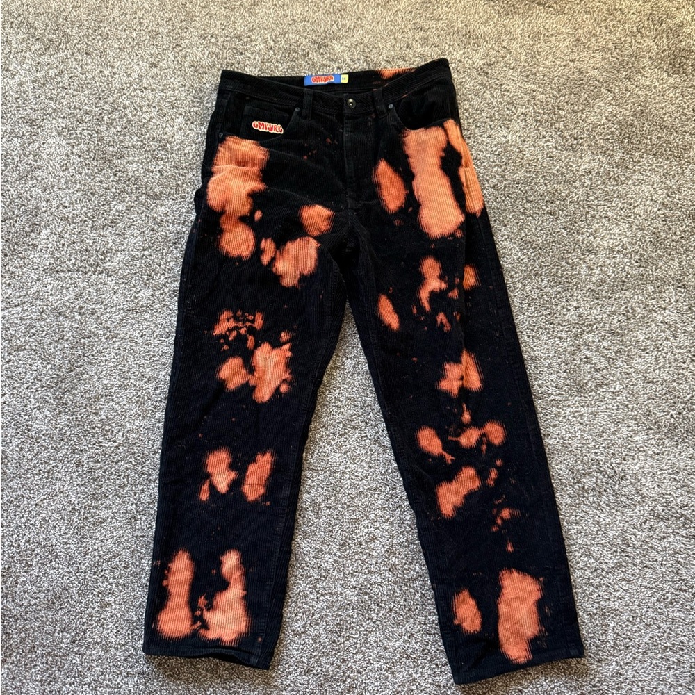 Empyre Men's Black Jeans with Orange Bleach Detail - Straight Fit